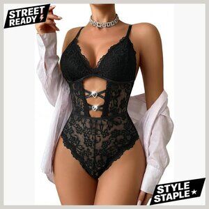 Medium Lace Bodysuit Teddy with Chain Cutout Rhinestone Adjustable Straps